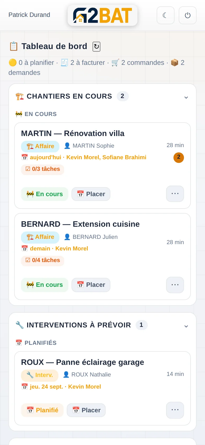 Tableau de bord du dirigeant : chantiers en cours, interventions à prévoir, à facturer, commandes