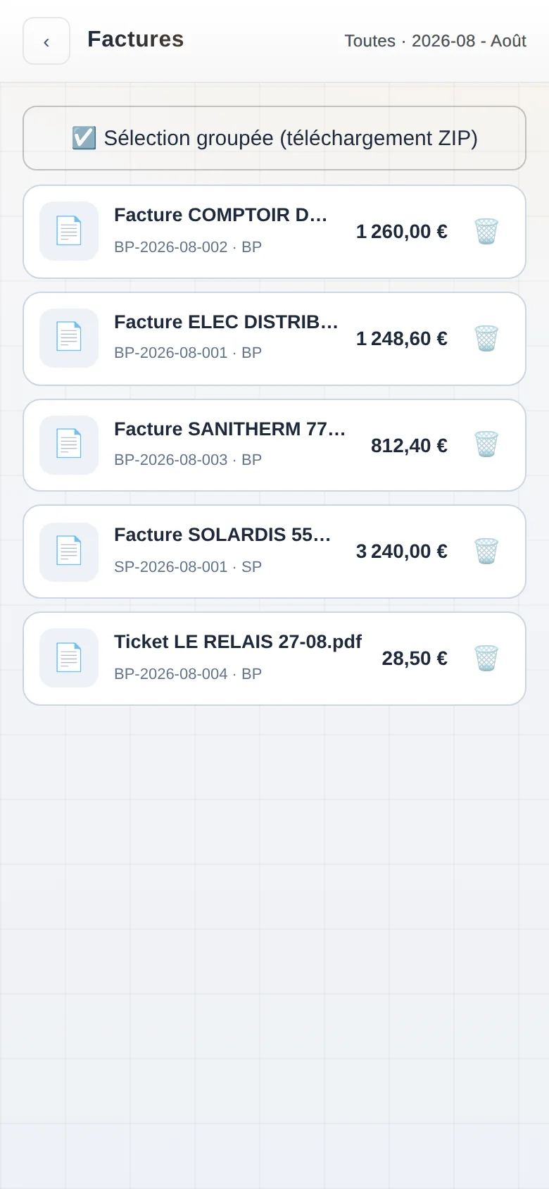 Sous-dossier factures de ventes du mois avec référence de lettrage et sélection groupée ZIP