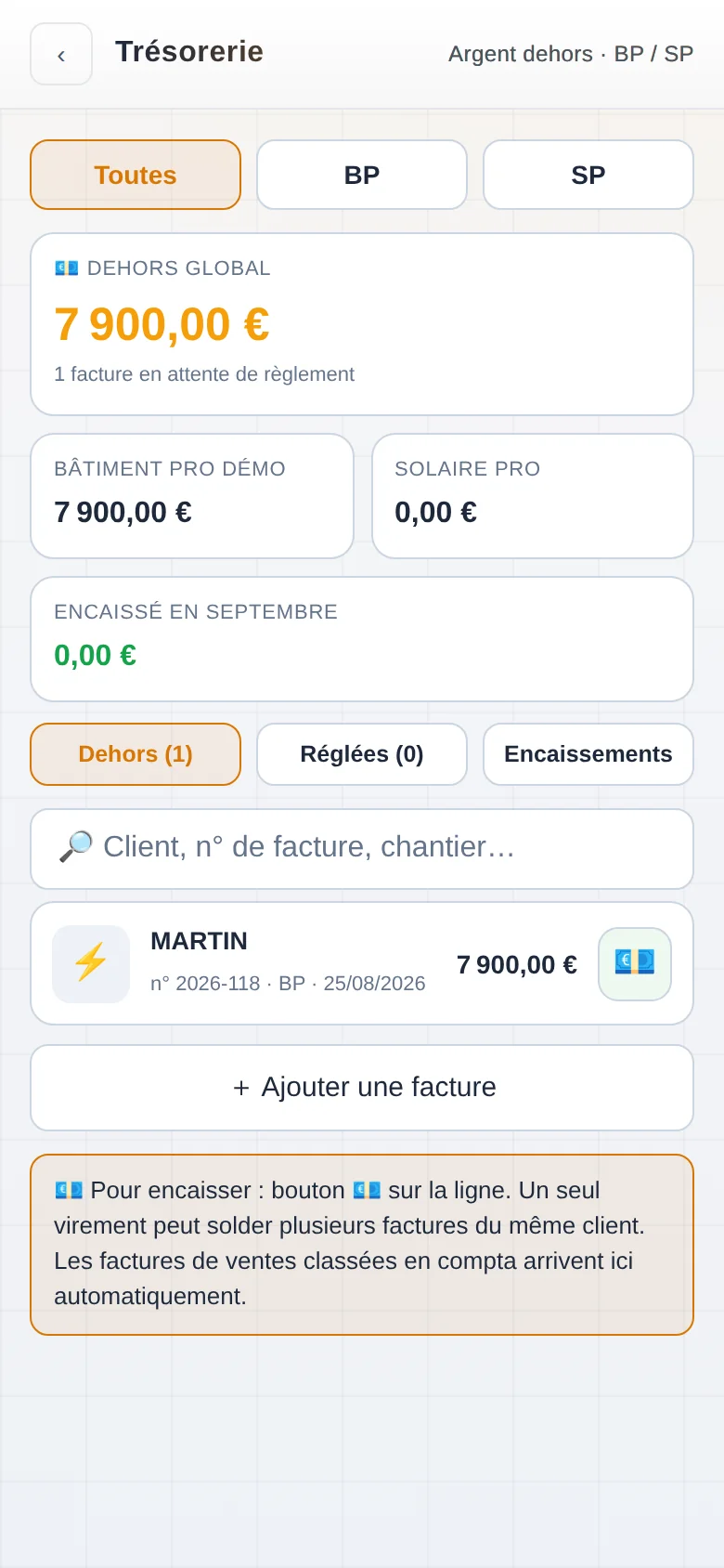 Écran trésorerie : argent dehors global et par société, factures en attente de règlement