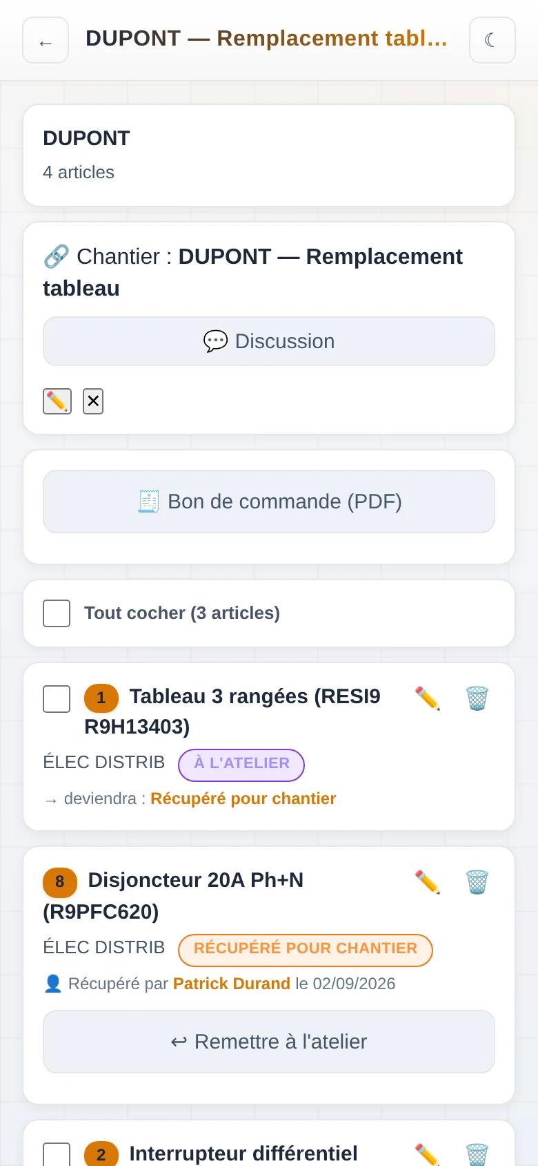Commande liée à un chantier avec le statut de chaque article
