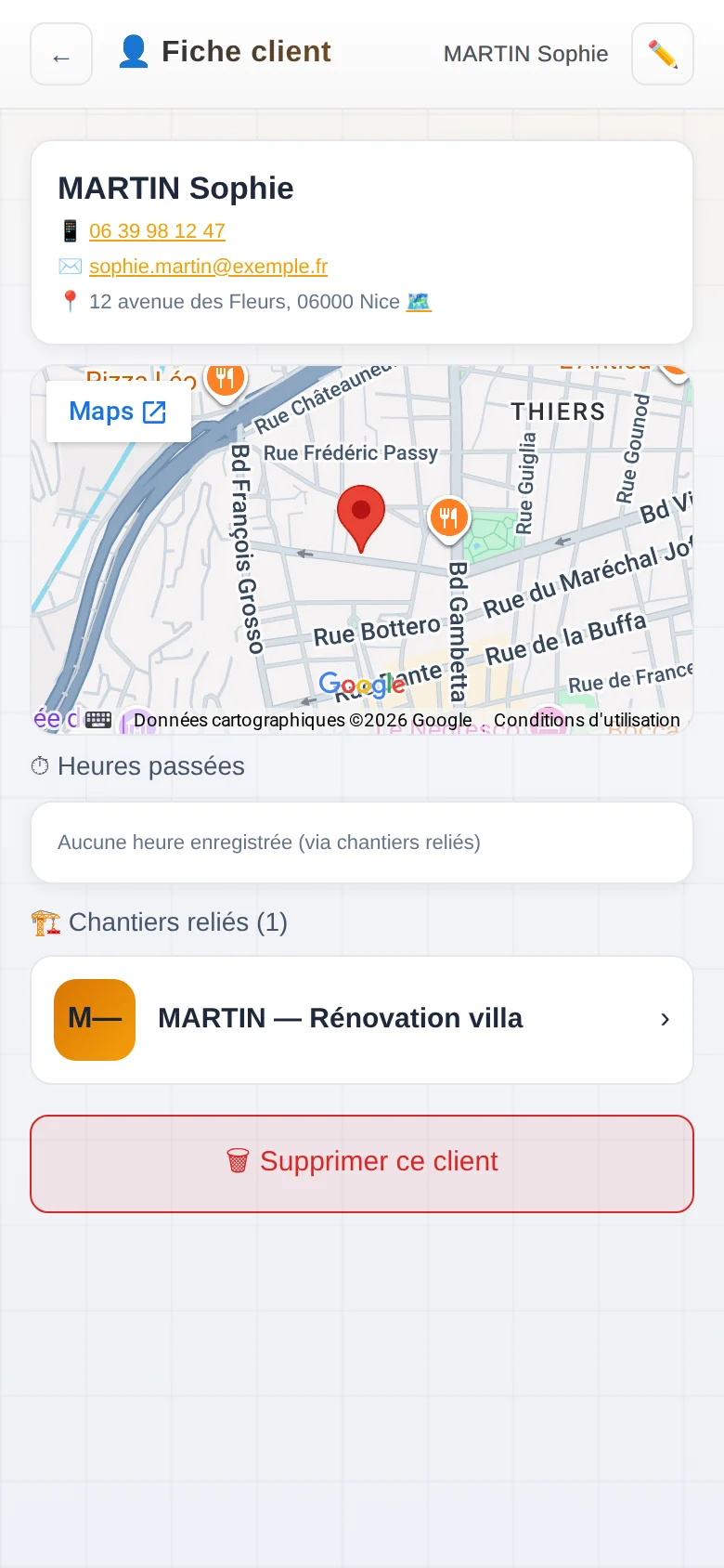 Fiche client avec coordonnées et historique