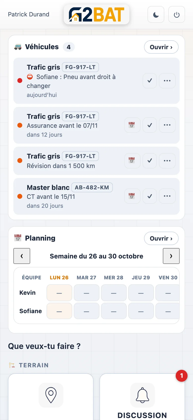 Accueil du dirigeant : échéances et signalements des véhicules, en couleur